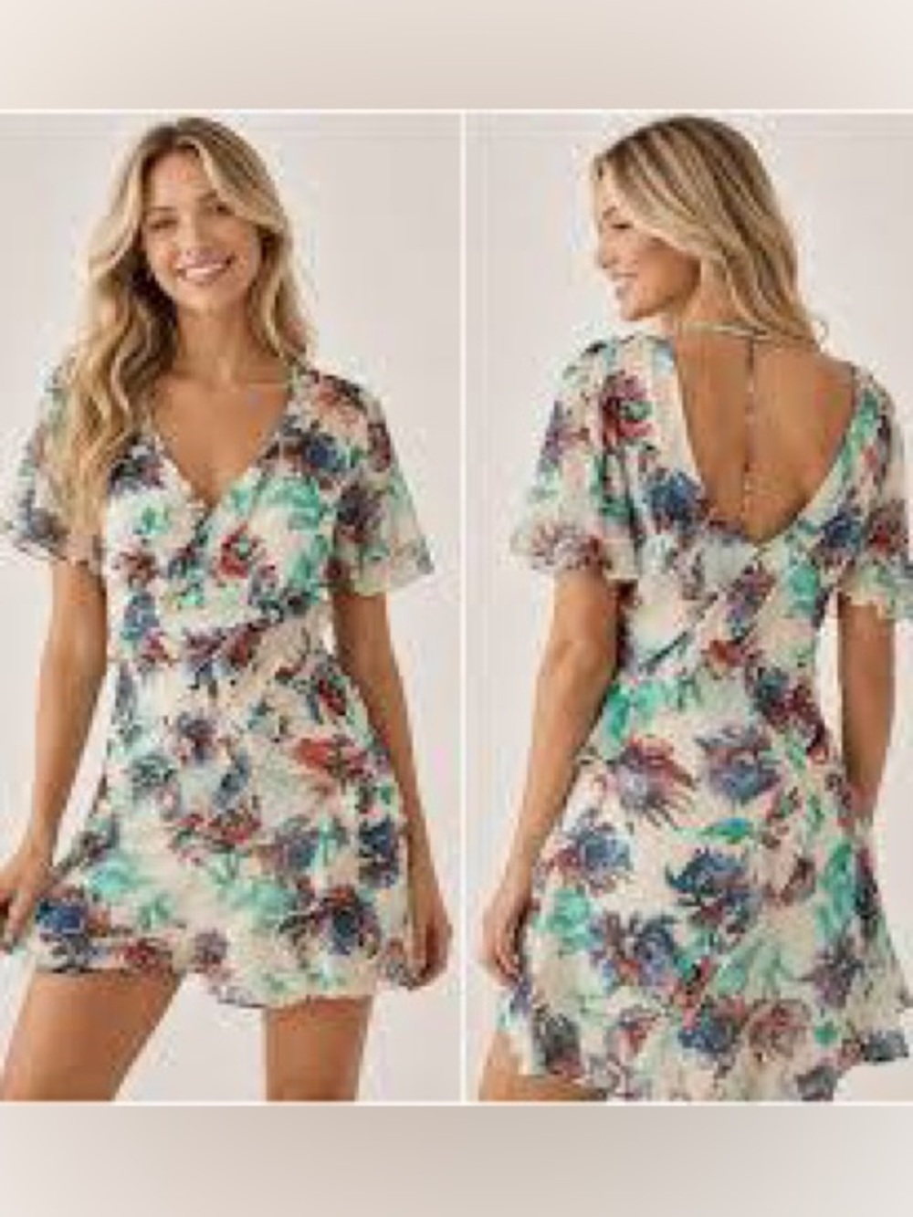 Anthropologie Watercolor Floral Flutter Sleeve Mini Dress In XL